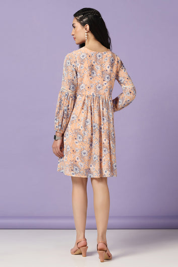Womens Peach Chiffon Floral Printed Knee Length Dress