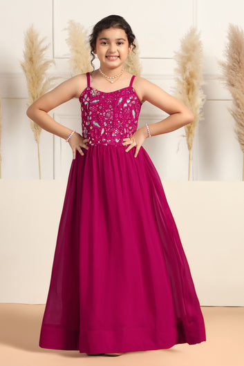 Girl's Rani Pink Embroidered Maxi Length Dress