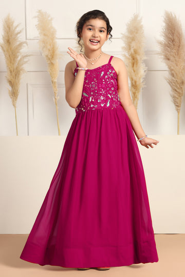 Girl's Rani Pink Embroidered Maxi Length Dress