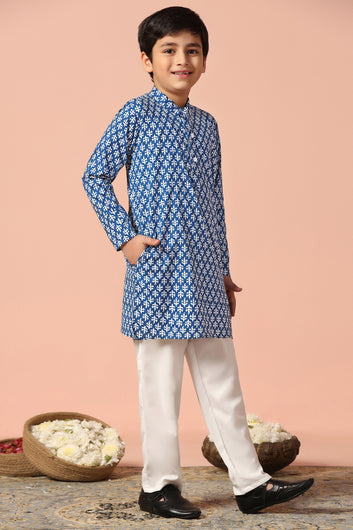 Boys Blue Cotton Printed Straight Kurta With Payjama Set