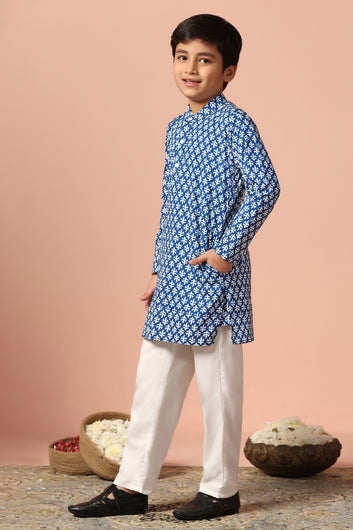 Boys Blue Cotton Printed Straight Kurta With Payjama Set