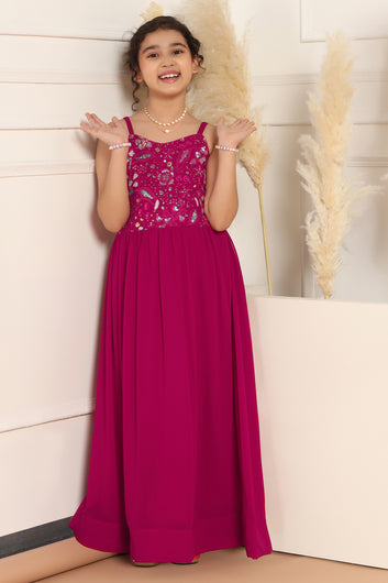Girl's Rani Pink Embroidered Maxi Length Dress