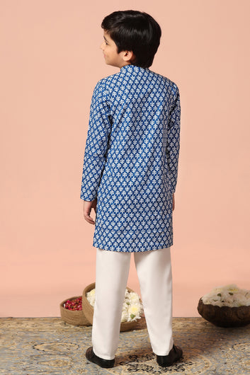 Boys Blue Cotton Printed Straight Kurta With Payjama Set