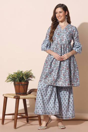 Women’s Grey Cotton Floral Printed Kurta Sharara Set
