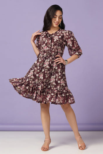 Women's Brown Georgette Floral Print Knee Length Dress