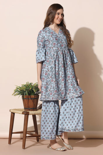 Women’s Grey Cotton Floral Printed Kurta Sharara Set