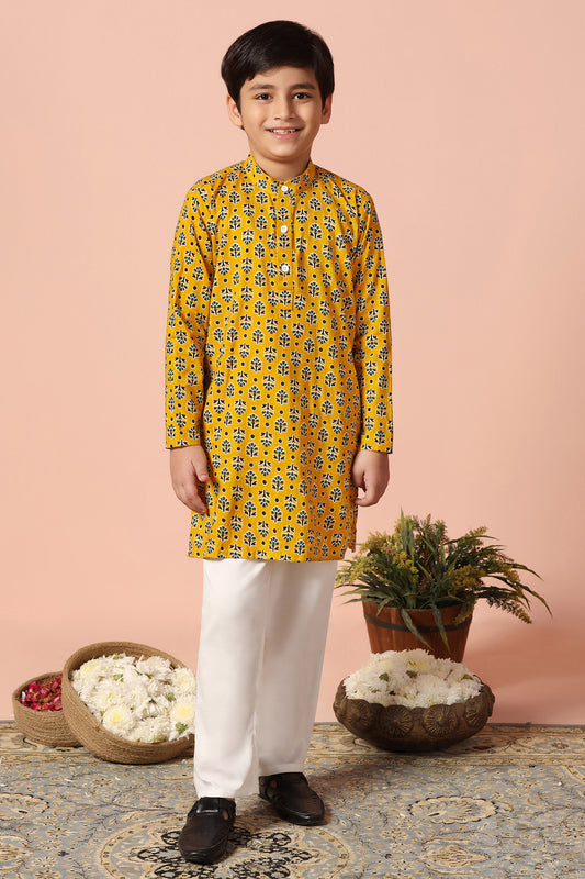 Boys Yellow Cotton Floral Printed Straight Kurta With Payjama Set