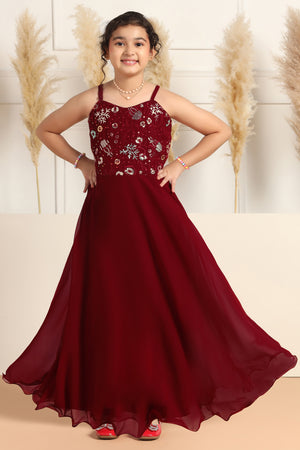 Girls Maroon Georgette Embroidered Fit & Flare Maxi Length Dress