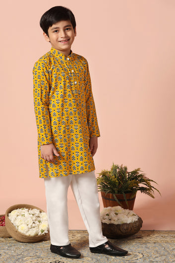 Boys Yellow Cotton Floral Printed Straight Kurta With Payjama Set