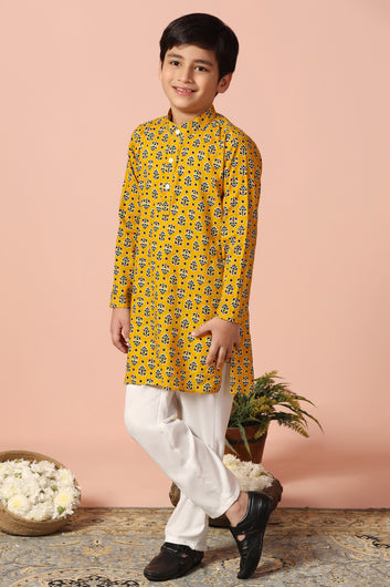 Boys Yellow Cotton Floral Printed Straight Kurta With Payjama Set