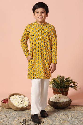 Boys Yellow Cotton Floral Printed Straight Kurta With Payjama Set