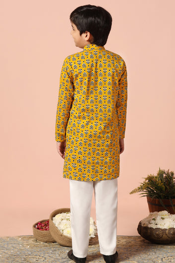 Boys Yellow Cotton Floral Printed Straight Kurta With Payjama Set