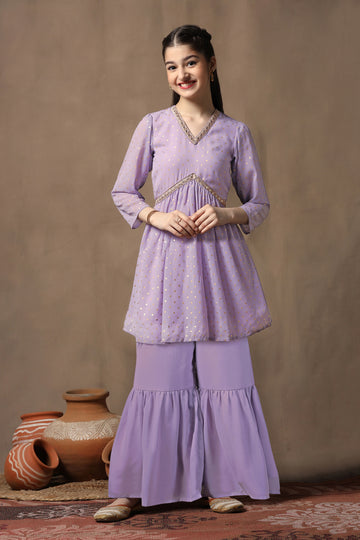 Girls Lavender Georgette Peplum Kurta With Empire Waist Kurta and Sharara Set