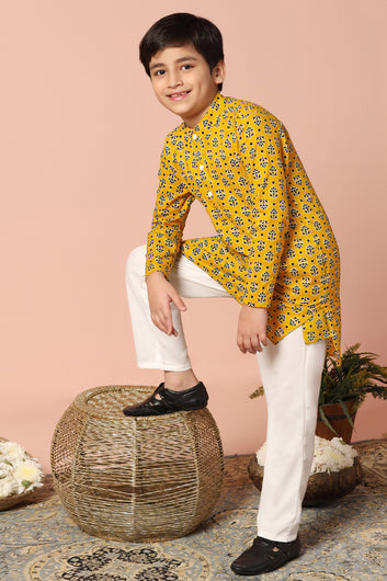 Boys Yellow Cotton Floral Printed Straight Kurta With Payjama Set