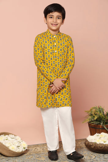 Boys Yellow Cotton Floral Printed Straight Kurta With Payjama Set