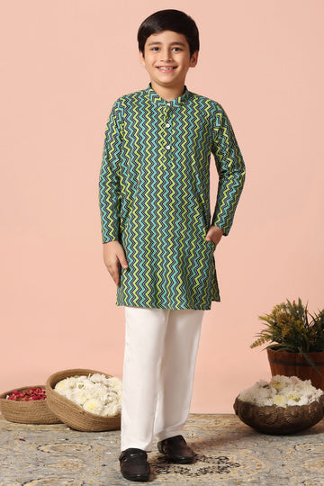 Boys Multicolour Cotton Stripe Printed Straight Kurta With Payjama Set