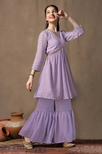 Girls Lavender Georgette Peplum Kurta With Empire Waist Kurta and Sharara Set