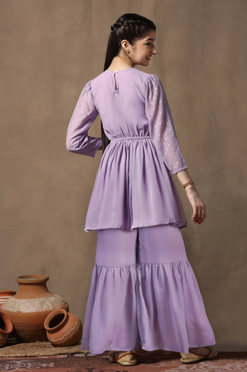 Girls Lavender Georgette Peplum Kurta With Empire Waist Kurta and Sharara Set