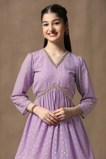 Girls Lavender Georgette Peplum Kurta With Empire Waist Kurta and Sharara Set