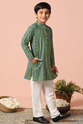 Boys Multicolour Cotton Stripe Printed Straight Kurta With Payjama Set