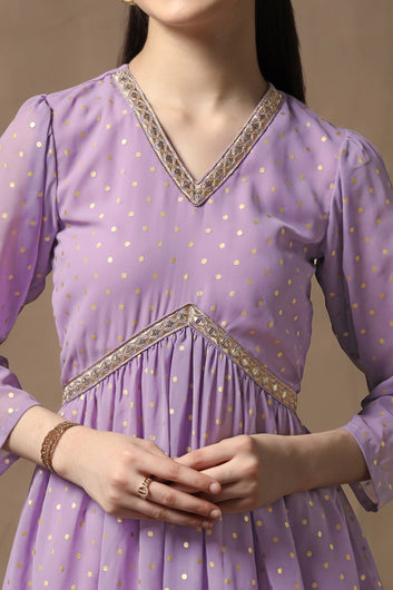 Girls Lavender Georgette Peplum Kurta With Empire Waist Kurta and Sharara Set