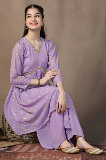 Girls Lavender Georgette Peplum Kurta With Empire Waist Kurta and Sharara Set