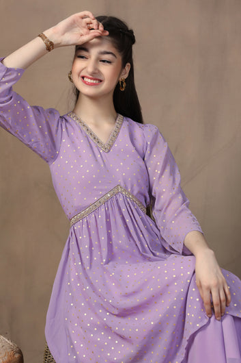 Girls Lavender Georgette Peplum Kurta With Empire Waist Kurta and Sharara Set