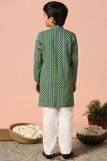 Boys Multicolour Cotton Stripe Printed Straight Kurta With Payjama Set