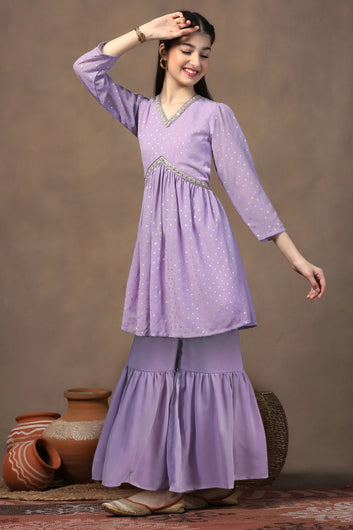 Girls Lavender Georgette Peplum Kurta With Empire Waist Kurta and Sharara Set