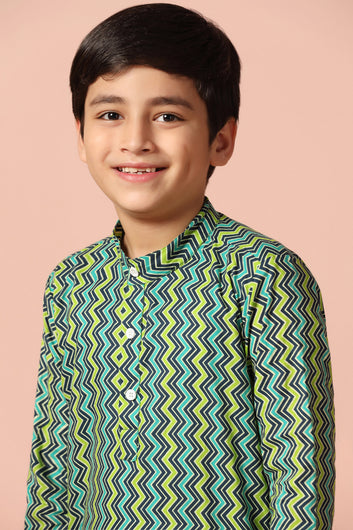 Boys Multicolour Cotton Stripe Printed Straight Kurta With Payjama Set