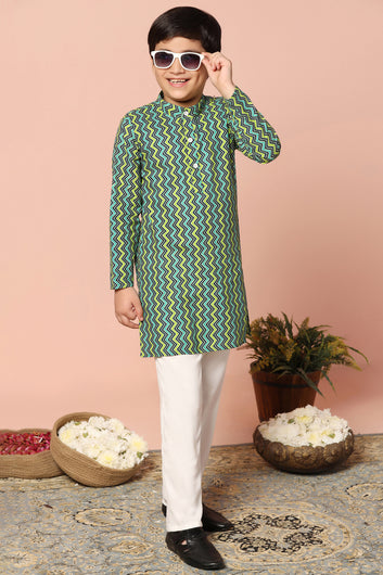 Boys Multicolour Cotton Stripe Printed Straight Kurta With Payjama Set