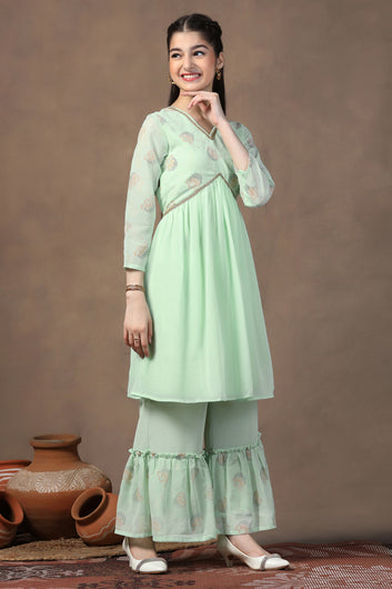 Girls Pista Georgette Empire Waist Kurta and Sharara Set