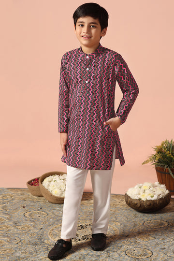 Boys Multicolor Cotton Stripe Printed Straight Kurta With Payjama Set