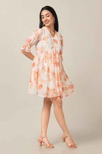 Womens Orange Georgette Floral Printed Above Knee Length Dress