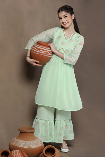 Girls Pista Georgette Empire Waist Kurta and Sharara Set