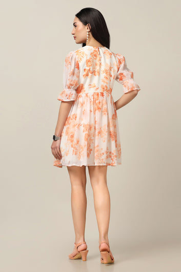 Womens Orange Georgette Floral Printed Above Knee Length Dress