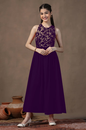 Girls Wine Floral Foil Printed Sleeveless Maxi Dress