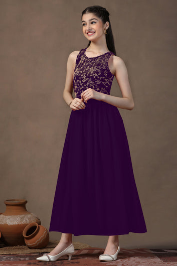 Girls Wine Floral Foil Printed Sleeveless Maxi Dress