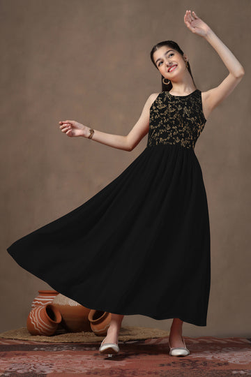 Girls Black Georgette Foil Printed Anarkali Maxi Length Dress