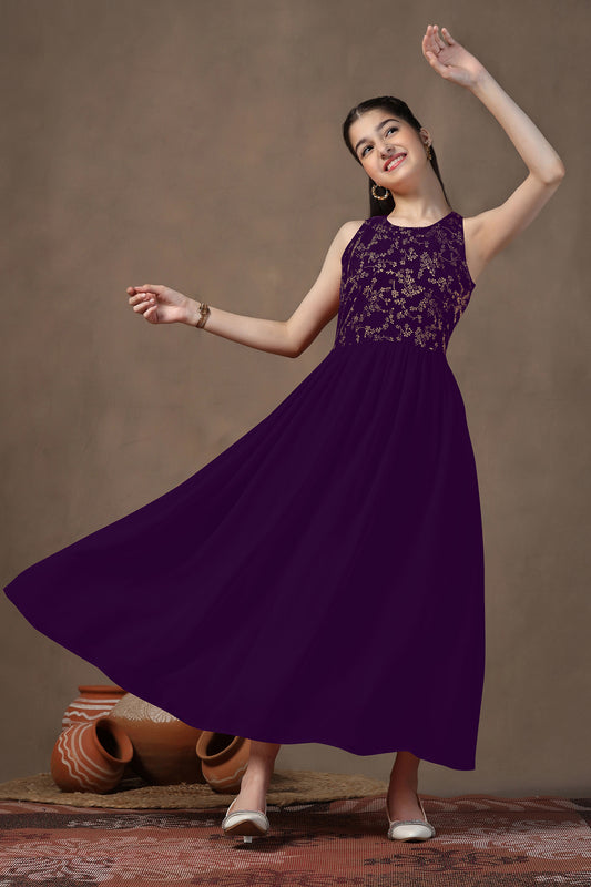 Girls Wine Floral Foil Printed Sleeveless Maxi Dress