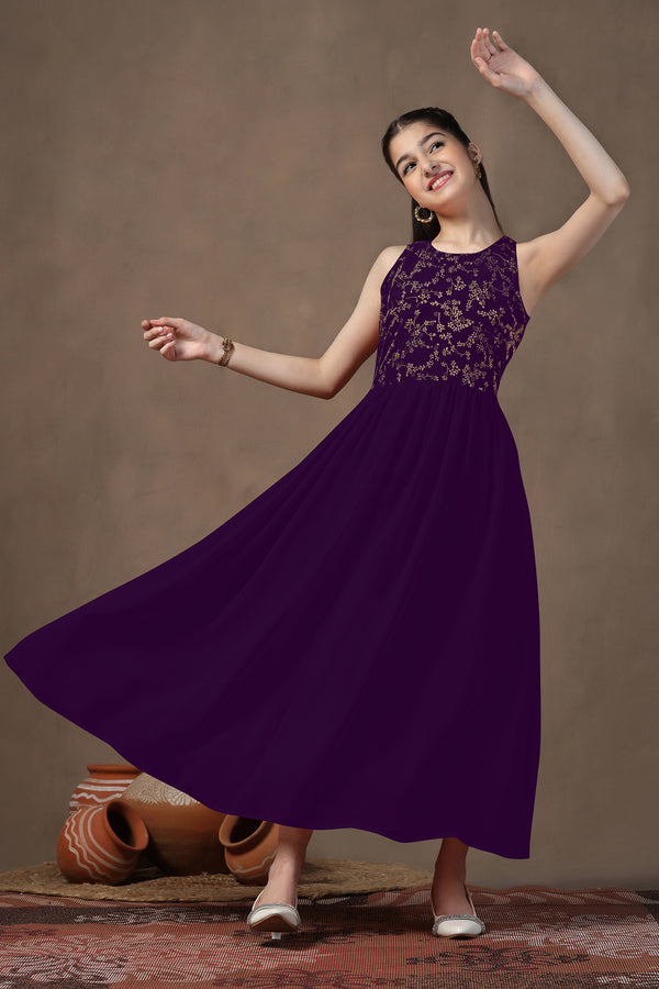 Girls Wine Floral Foil Printed Sleeveless Maxi Dress
