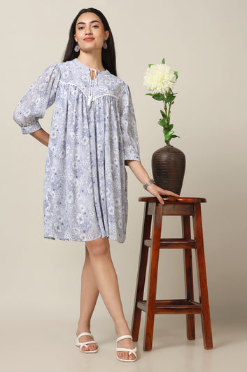 Women's Light Grey Chiffon Floral Print Knee Length Dress