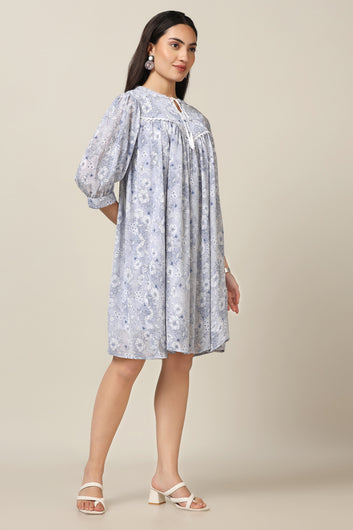 Women's Light Grey Chiffon Floral Print Knee Length Dress