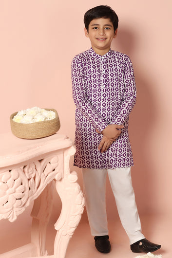 Boys Purple Cotton Printed Straight Kurta With Payjama Set