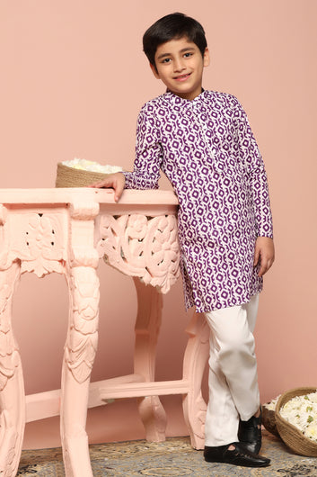 Boys Purple Cotton Printed Straight Kurta With Payjama Set