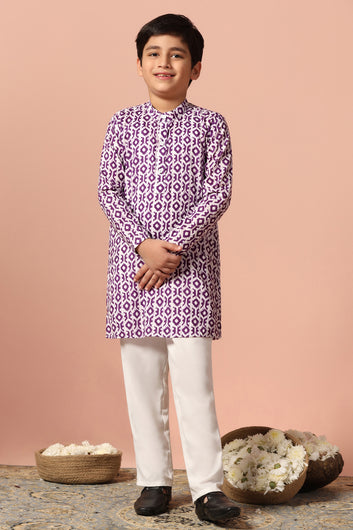 Boys Purple Cotton Printed Straight Kurta With Payjama Set