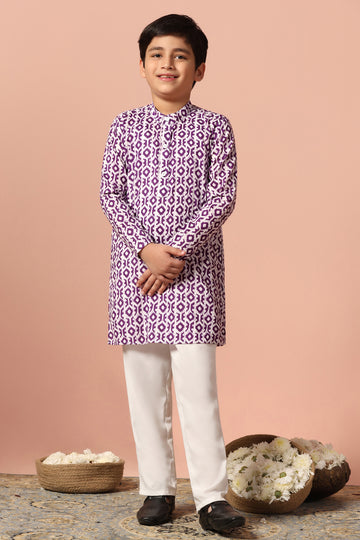 Boys Purple Cotton Printed Straight Kurta With Payjama Set