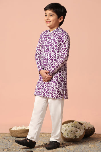 Boys Purple Cotton Printed Straight Kurta With Payjama Set