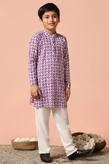 Boys Purple Cotton Printed Straight Kurta With Payjama Set