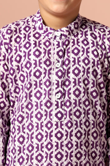 Boys Purple Cotton Printed Straight Kurta With Payjama Set